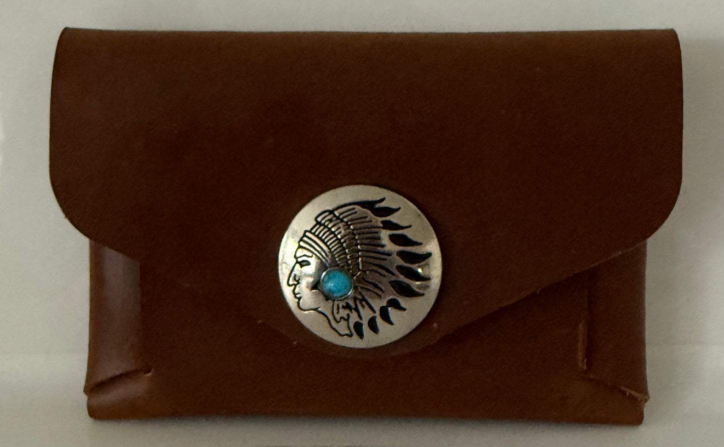Brown 100 percent cow hide wallet with Native American medallion unique leather gift for her