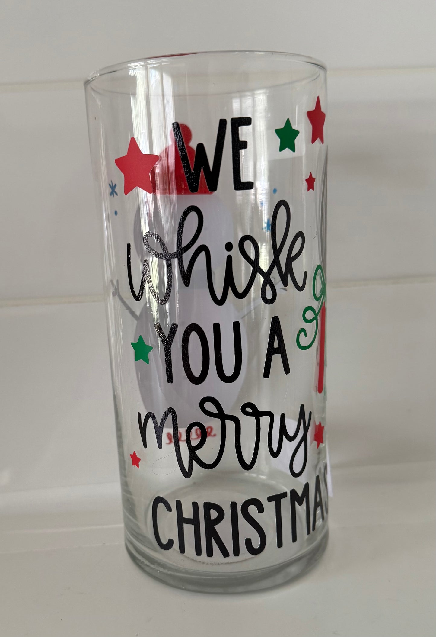 Upcycled glass vase from Today’s Hobbies with festive Merry Christmas design and colorful stars