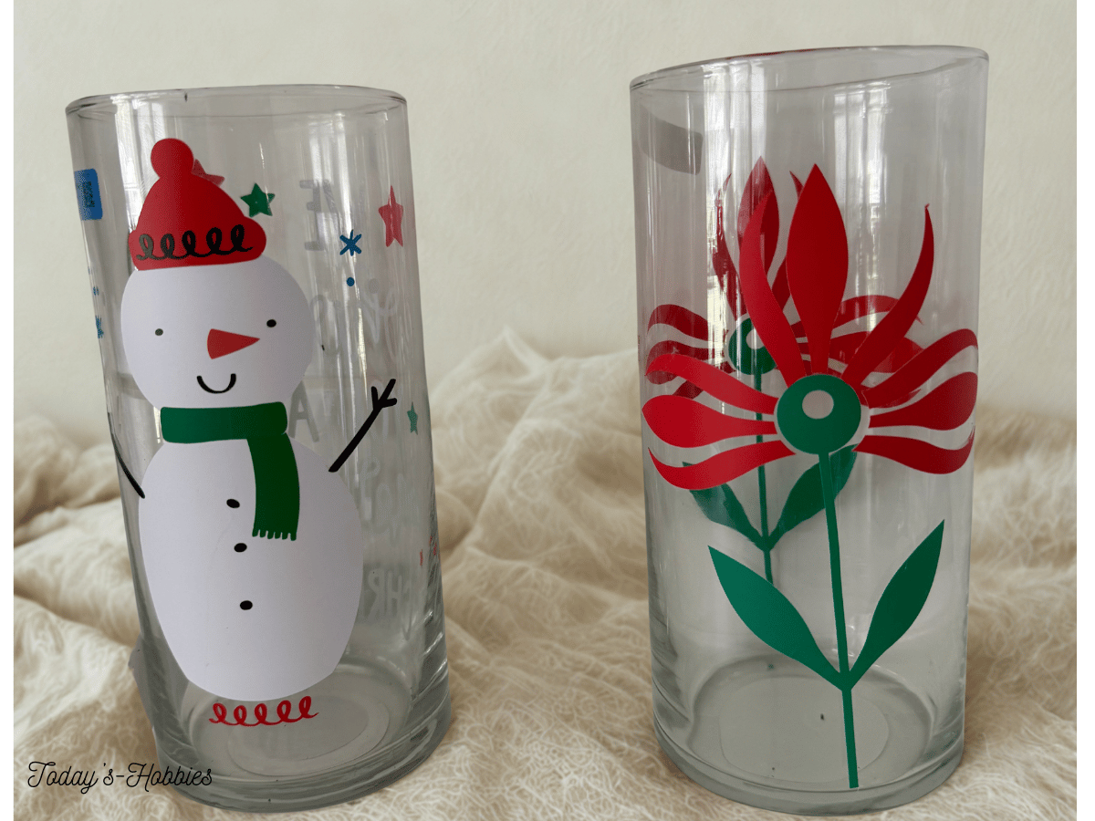 Today's Hobbies upcycled glass vase with snowman and floral holiday designs in clear glass