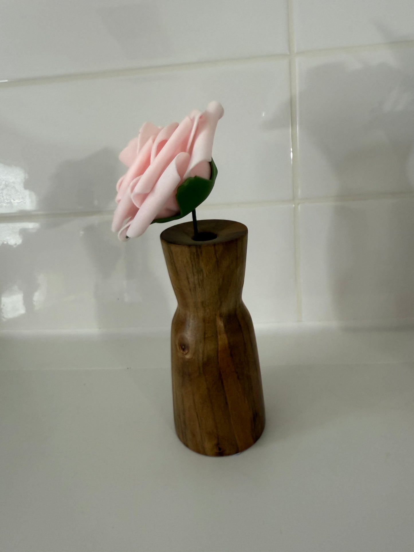 Today’s Hobbies wooden vase for home decor with a single pink flower on a white surface