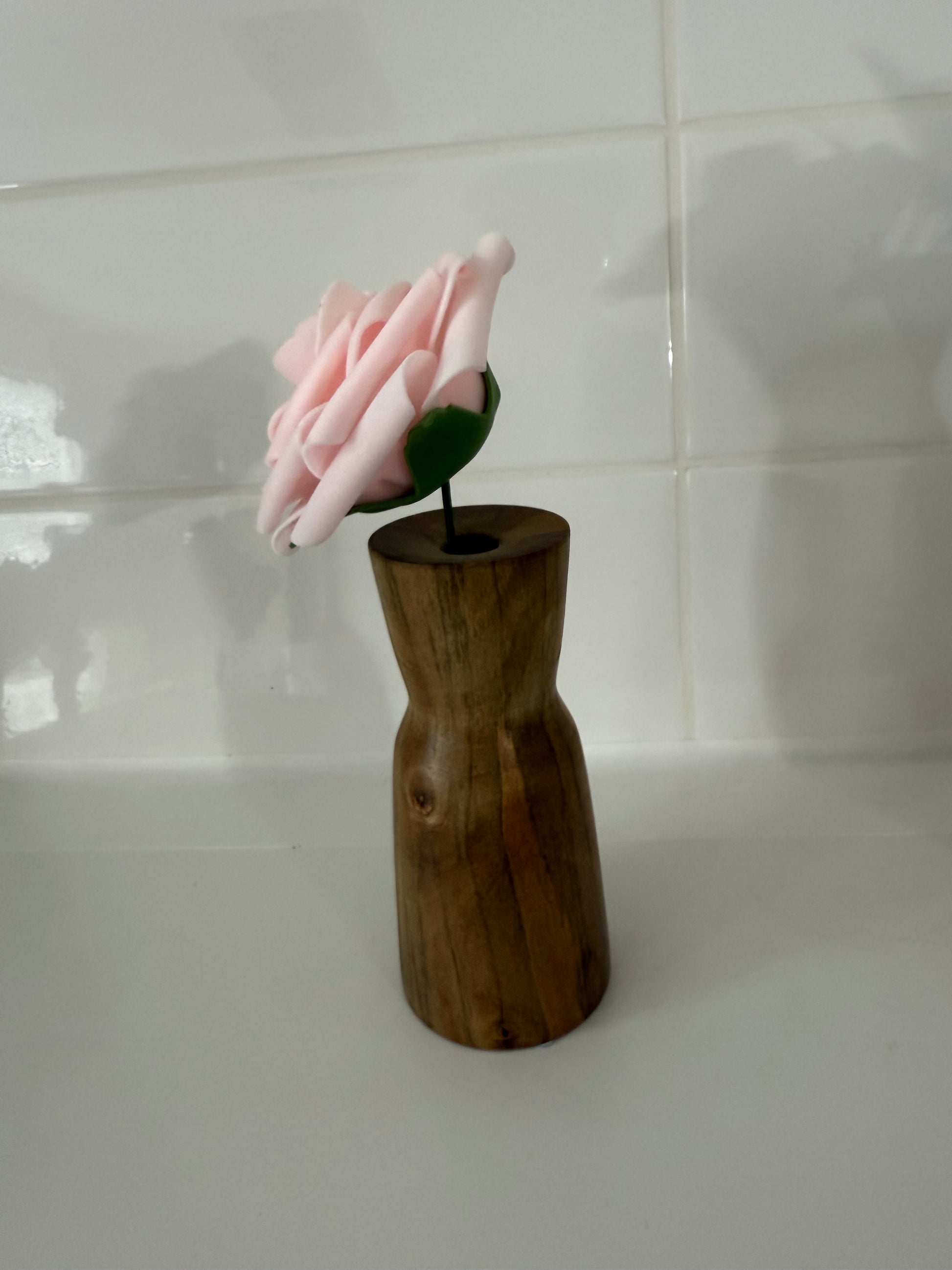 Today’s Hobbies wooden vase for home decor with a single pink flower on a white surface