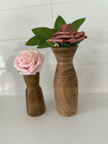 Two wooden vases from Today’s Hobbies with artificial roses, perfect wooden vase for home decor